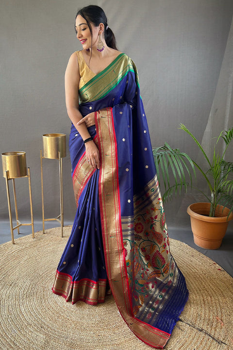 VastraLakshmi Desiring Navy Blue Paithani Silk Saree With Breathtaking Blouse Piece