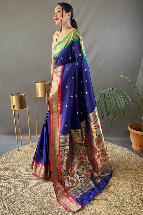 VastraLakshmi Desiring Navy Blue Paithani Silk Saree With Breathtaking Blouse Piece