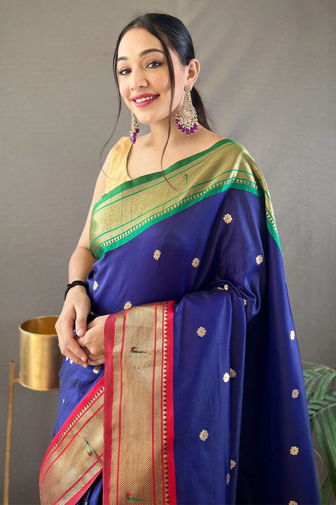 VastraLakshmi Desiring Navy Blue Paithani Silk Saree With Breathtaking Blouse Piece