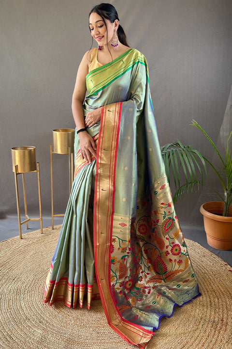 VastraLakshmi Twirling Pista Paithani Silk Saree With Exquisite Blouse Piece