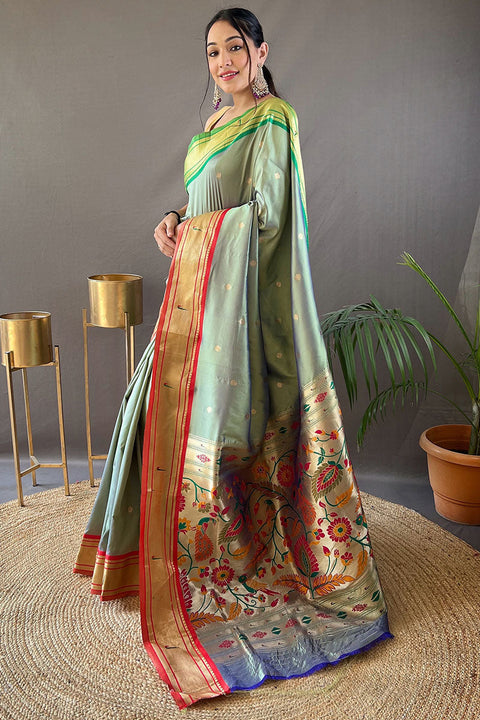 VastraLakshmi Twirling Pista Paithani Silk Saree With Exquisite Blouse Piece