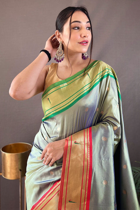 VastraLakshmi Twirling Pista Paithani Silk Saree With Exquisite Blouse Piece