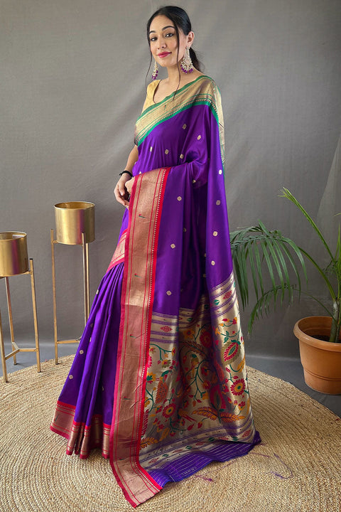 VastraLakshmi Excellent Purple Paithani Silk Saree With Assemblage Blouse Piece