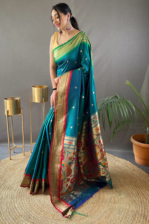 VastraLakshmi Diaphanous Rama Paithani Silk Saree With Eloquence Blouse Piece