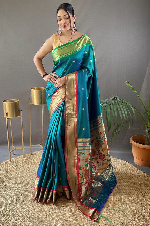 VastraLakshmi Diaphanous Rama Paithani Silk Saree With Eloquence Blouse Piece