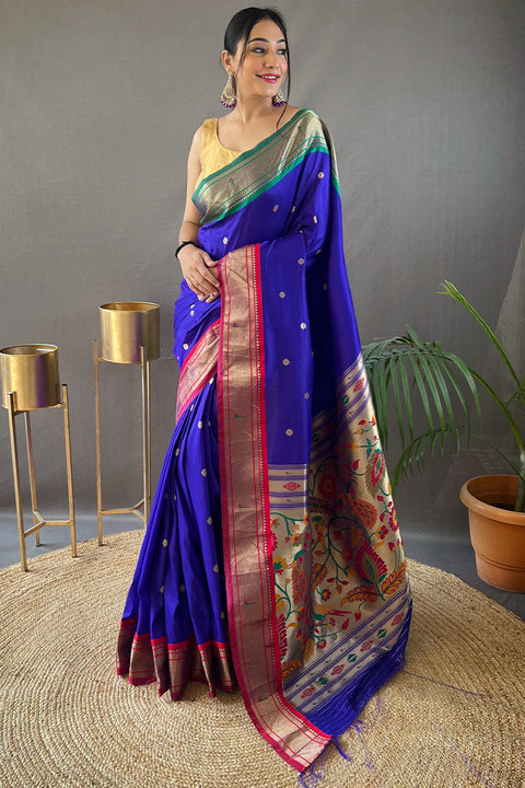 VastraLakshmi Propinquity Royal Blue Paithani Silk Saree With Pleasurable Blouse Piece