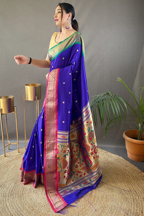 VastraLakshmi Propinquity Royal Blue Paithani Silk Saree With Pleasurable Blouse Piece