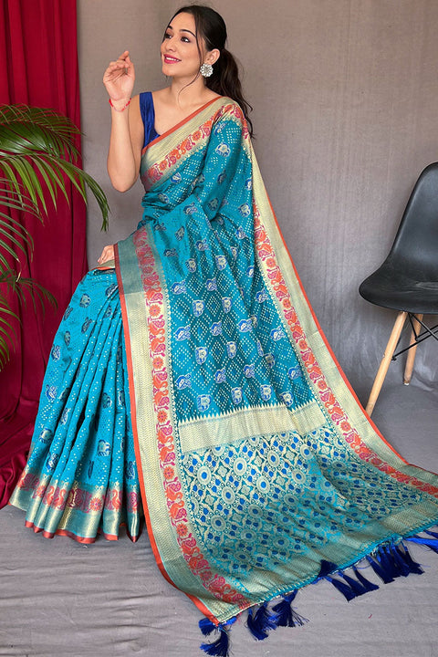 VastraLakshmi Gossamer Firozi Patola Silk Saree with Magnificat Blouse Piece