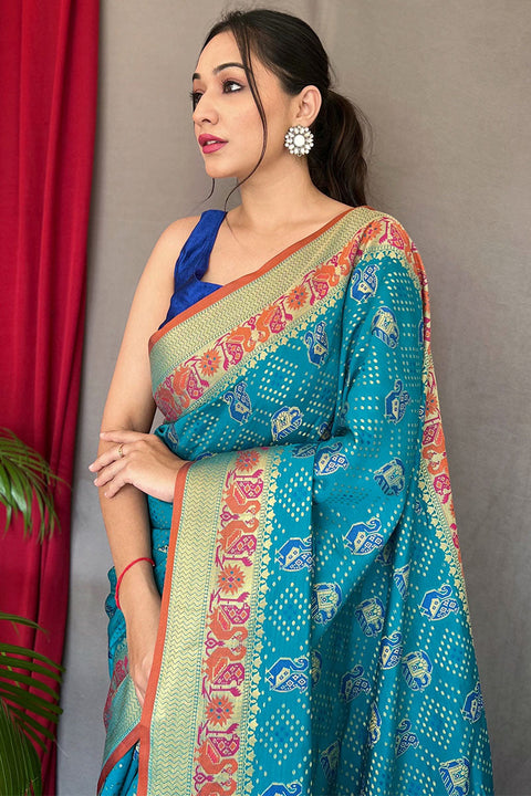 VastraLakshmi Gossamer Firozi Patola Silk Saree with Magnificat Blouse Piece