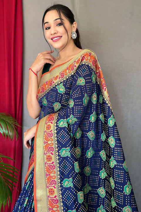 VastraLakshmi Gossamer Navy Blue Patola Silk Saree with Demure Blouse Piece