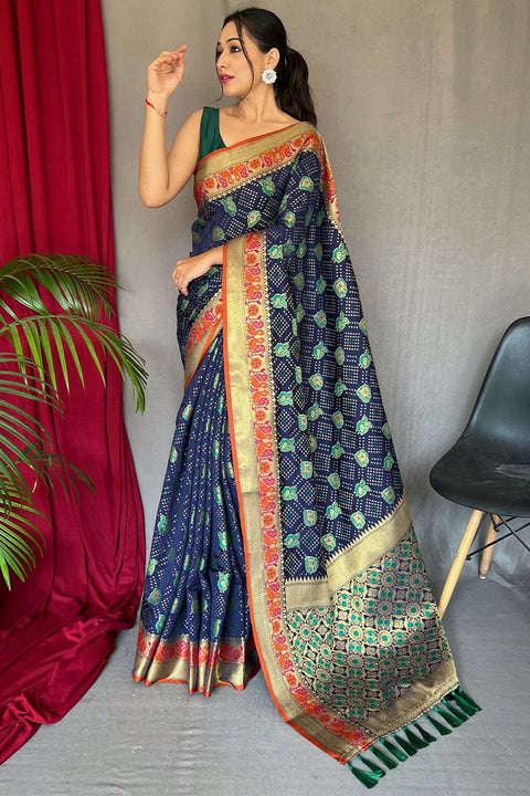 VastraLakshmi Gossamer Navy Blue Patola Silk Saree with Demure Blouse Piece