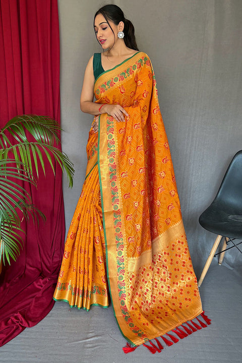 VastraLakshmi Fugacious Yellow Patola Silk Saree with Serendipity Blouse Piece