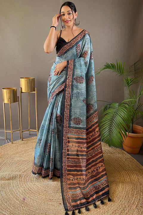 VastraLakshmi Adoring Firozi Digital Printed Tussar Silk Saree With Radiant Blouse Piece