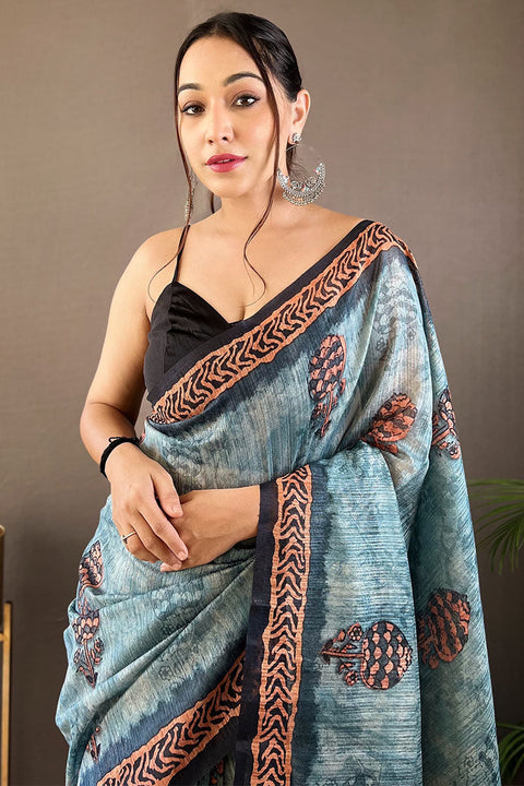 VastraLakshmi Adoring Firozi Digital Printed Tussar Silk Saree With Radiant Blouse Piece