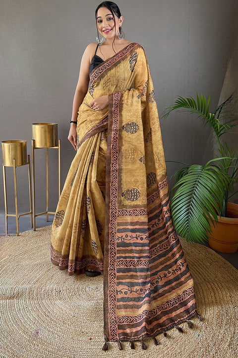 VastraLakshmi Glowing Mustard Digital Printed Tussar Silk Saree With Energetic Blouse Piece