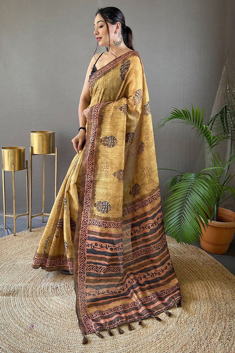 VastraLakshmi Glowing Mustard Digital Printed Tussar Silk Saree With Energetic Blouse Piece