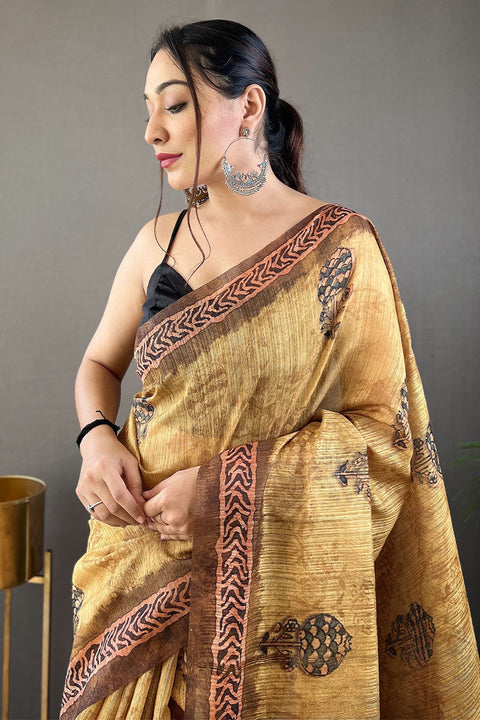 VastraLakshmi Glowing Mustard Digital Printed Tussar Silk Saree With Energetic Blouse Piece