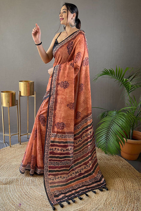 VastraLakshmi Elegant Peach Digital Printed Tussar Silk Saree With Staring Blouse Piece