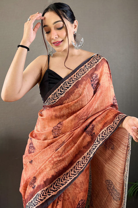 VastraLakshmi Elegant Peach Digital Printed Tussar Silk Saree With Staring Blouse Piece