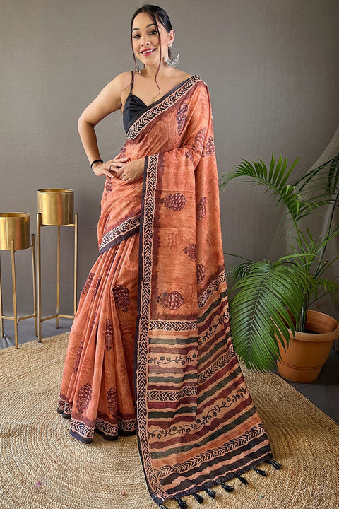 VastraLakshmi Elegant Peach Digital Printed Tussar Silk Saree With Staring Blouse Piece