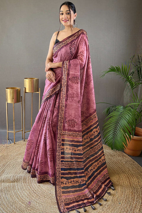 VastraLakshmi Captivating Pink Digital Printed Tussar Silk Saree With Inspiring Blouse Piece