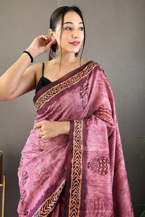 VastraLakshmi Captivating Pink Digital Printed Tussar Silk Saree With Inspiring Blouse Piece