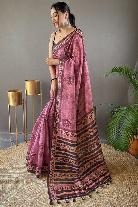 VastraLakshmi Captivating Pink Digital Printed Tussar Silk Saree With Inspiring Blouse Piece