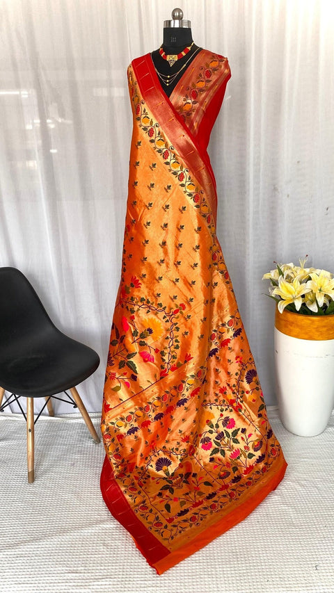 VastraLakshmi Charming Orange Paithani Silk Saree With Glowing Blouse Piece