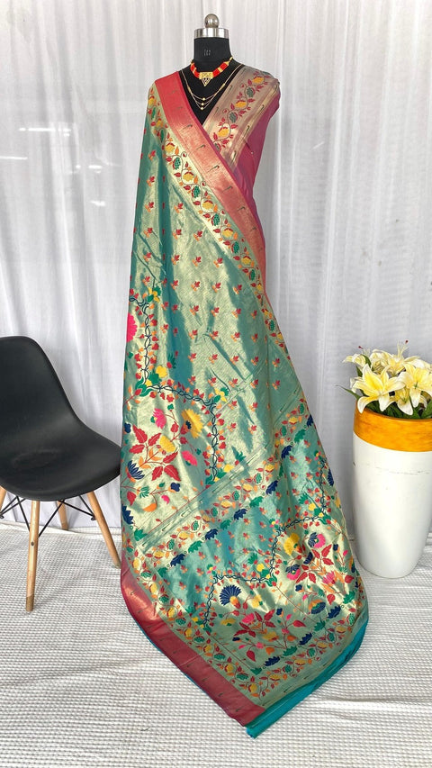 VastraLakshmi Bucolic Sea Green Paithani Silk Saree With Ratatouille Blouse Piece