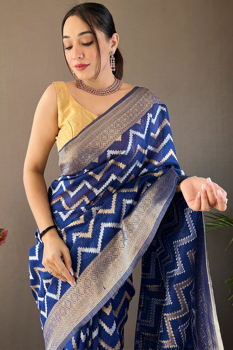 VastraLakshmi Fairytale Blue Cotton Silk Saree With Flamboyant Blouse Piece