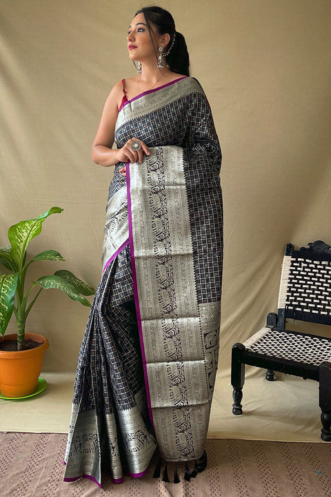 VastraLakshmi Elision Black Soft Banarasi Silk Saree With Excellent Blouse Piece