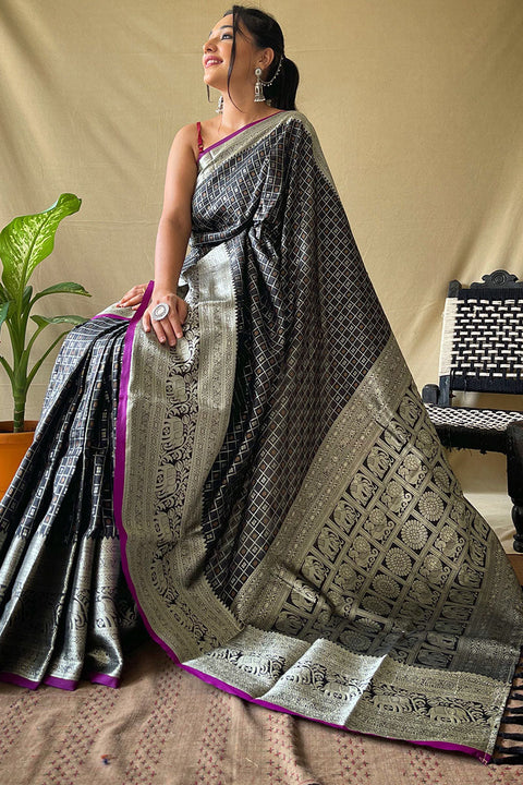 VastraLakshmi Elision Black Soft Banarasi Silk Saree With Excellent Blouse Piece