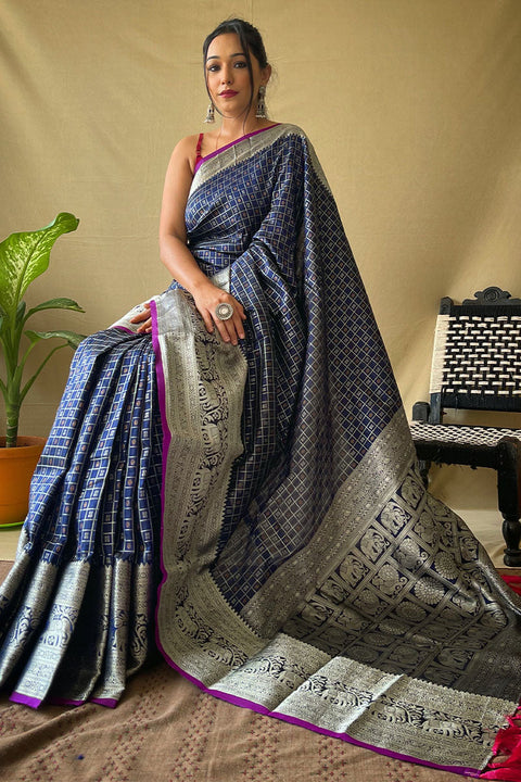 VastraLakshmi Engaging Navy Blue Soft Banarasi Silk Saree With Enchanting Blouse Piece