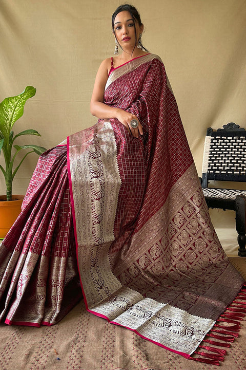 VastraLakshmi Effervescent Wine Soft Banarasi Silk Saree With Cynosure Blouse Piece