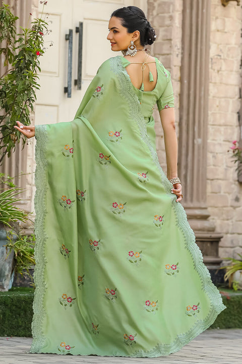 VastraLakshmi Desuetude Green Embroidery Work Tussar Silk Saree With Beleaguer Blouse Piece