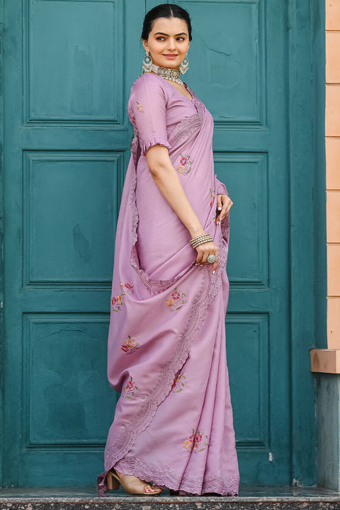 VastraLakshmi Classic Lavender Embroidery Work Tussar Silk Saree With Flameboyant Blouse Piece