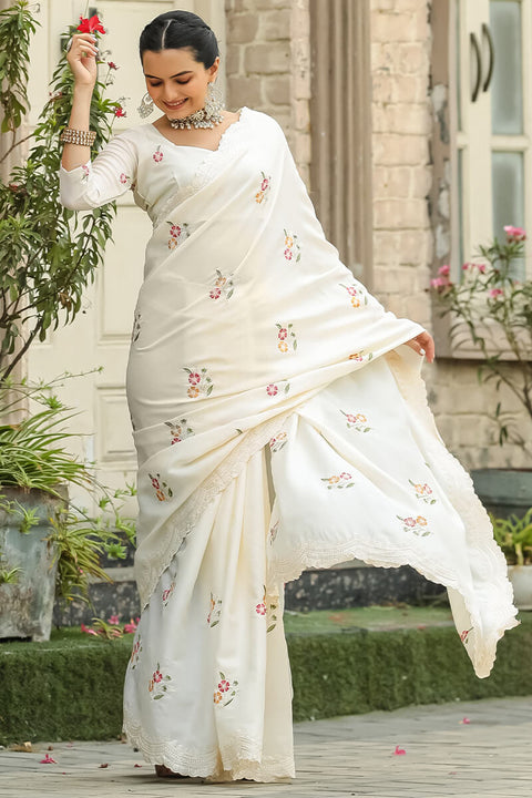 VastraLakshmi Radiant Off White Embroidery Work Tussar Silk Saree With Blooming Blouse Piece