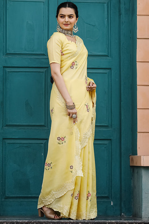 VastraLakshmi Attractive Yellow Embroidery Work Tussar Silk Saree With Lovely Blouse Piece