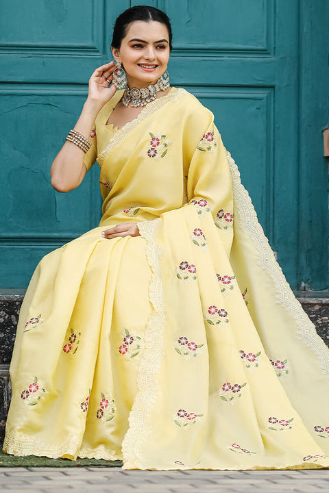 VastraLakshmi Attractive Yellow Embroidery Work Tussar Silk Saree With Lovely Blouse Piece