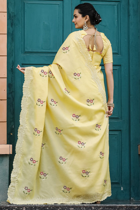 VastraLakshmi Attractive Yellow Embroidery Work Tussar Silk Saree With Lovely Blouse Piece