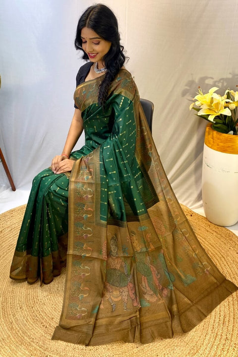 VastraLakshmi Murmurous Dark Green Printed Soft Chanderi Silk Saree With Efflorescence Blouse Piece