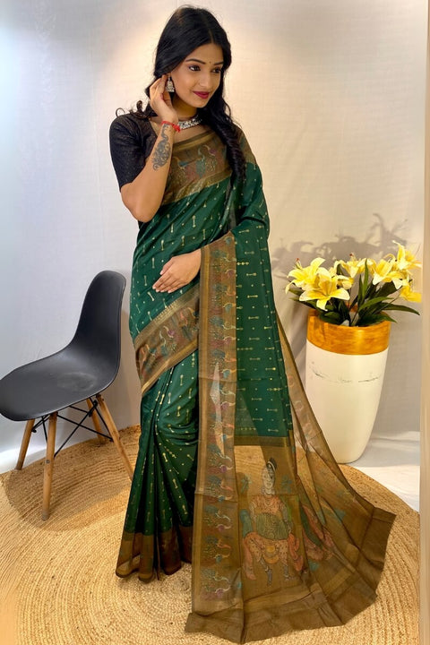 VastraLakshmi Murmurous Dark Green Printed Soft Chanderi Silk Saree With Efflorescence Blouse Piece