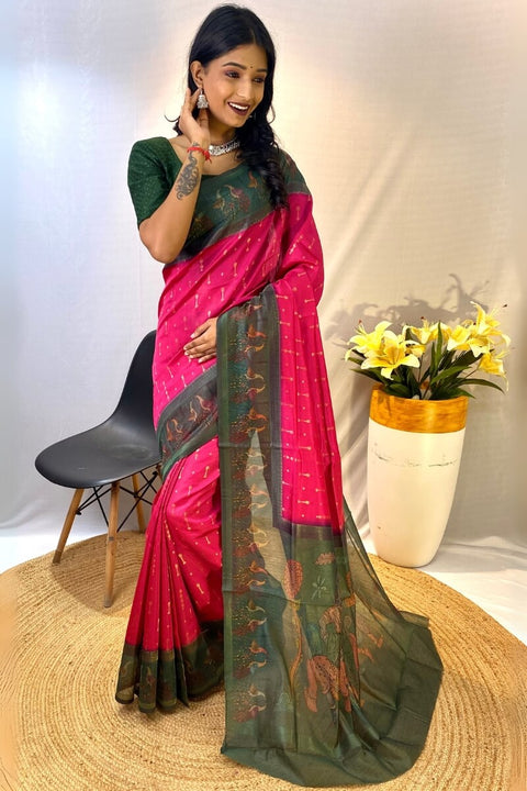 VastraLakshmi Divine Dark Pink Printed Soft Chanderi Silk Saree With Elision Blouse Piece