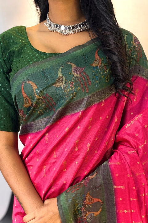 VastraLakshmi Divine Dark Pink Printed Soft Chanderi Silk Saree With Elision Blouse Piece