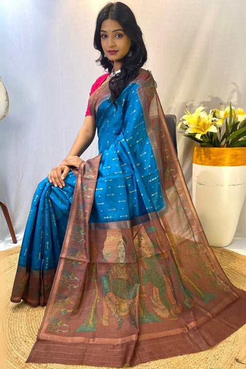 VastraLakshmi Palimpsest Firozi Printed Soft Chanderi Silk Saree With Sumptuous Blouse Piece