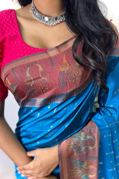 VastraLakshmi Palimpsest Firozi Printed Soft Chanderi Silk Saree With Sumptuous Blouse Piece