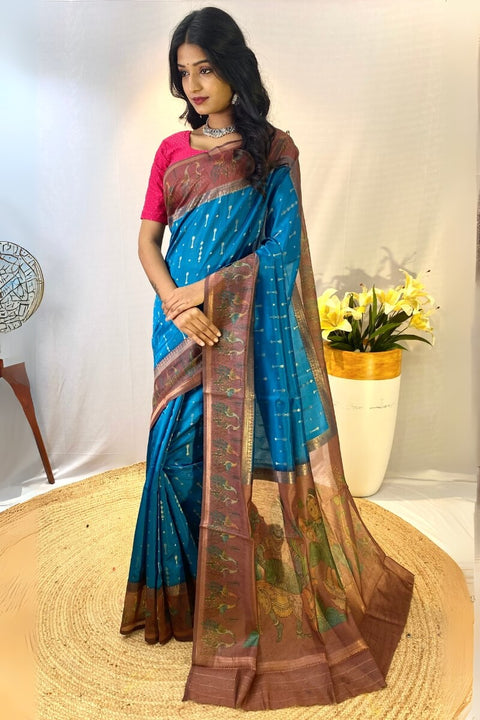 VastraLakshmi Palimpsest Firozi Printed Soft Chanderi Silk Saree With Sumptuous Blouse Piece