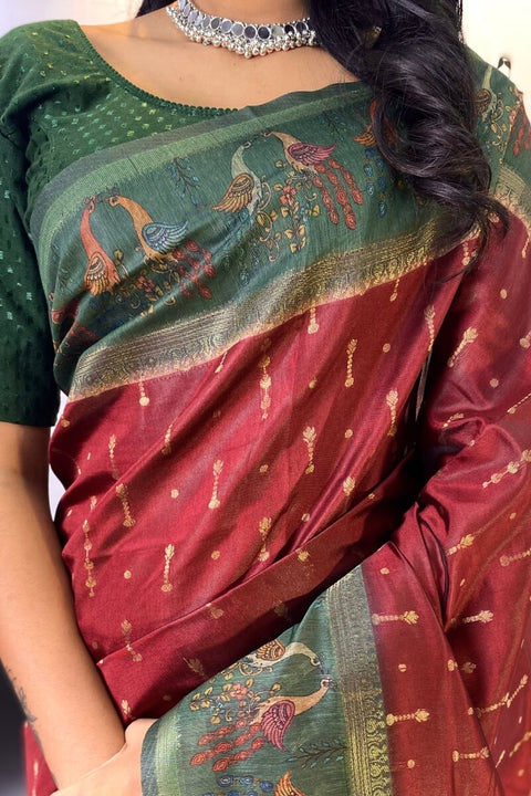 VastraLakshmi Surpassing Maroon Printed Soft Chanderi Silk Saree With Gratifying Blouse Piece