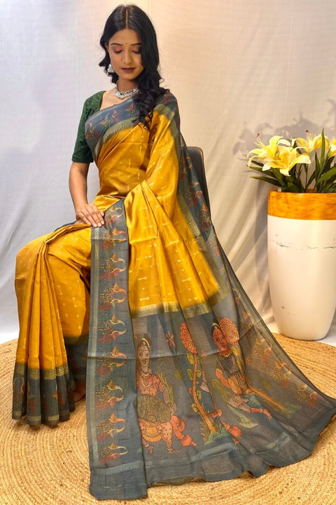 VastraLakshmi Trendy Mustard Printed Soft Chanderi Silk Saree With Appealing Blouse Piece