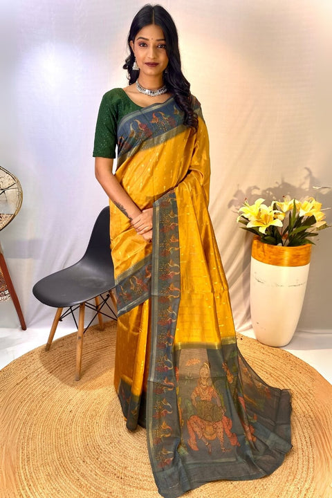 VastraLakshmi Trendy Mustard Printed Soft Chanderi Silk Saree With Appealing Blouse Piece